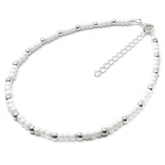 Plus Size White Glass Bead Anklet with Silver Plated Beads