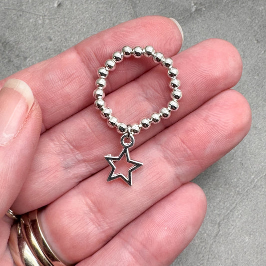 Star Charm Stretch Ring with Silver Plated Beads