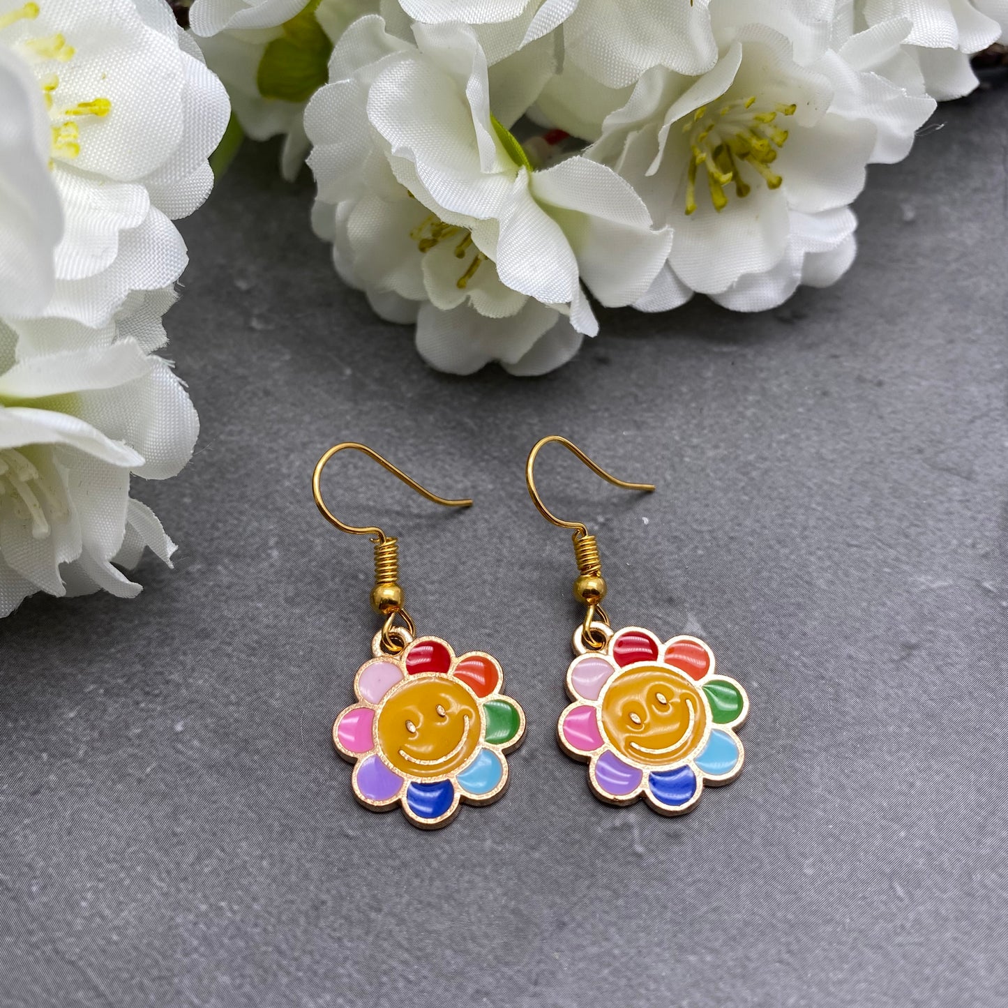 Smiley Flower Earrings, Colourful Enamel Charms