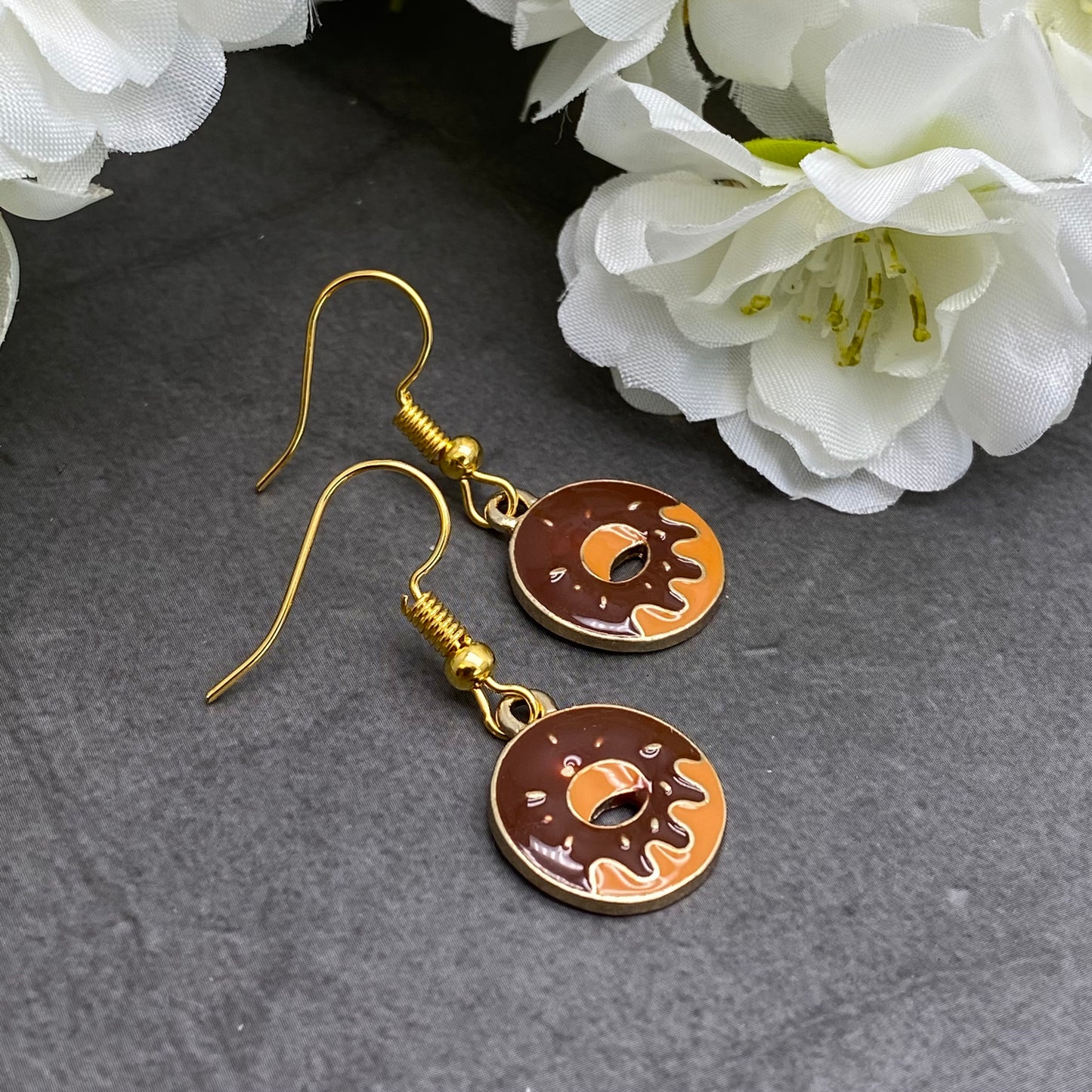 Chocolate Doughnut Earrings, Brown Enamel Charms