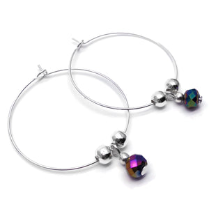 Faceted Glass Bead Hoop Earrings : 35mm Diameter, Silver Plated