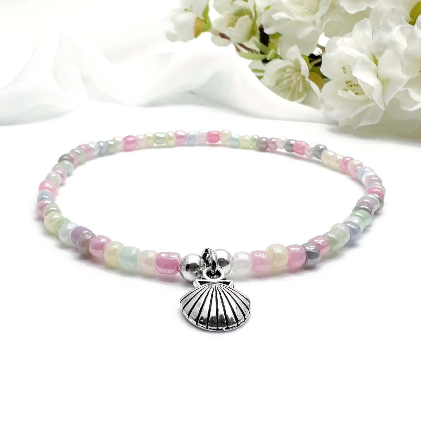 Shell Charm Pale Pastel Seed Bead Anklet