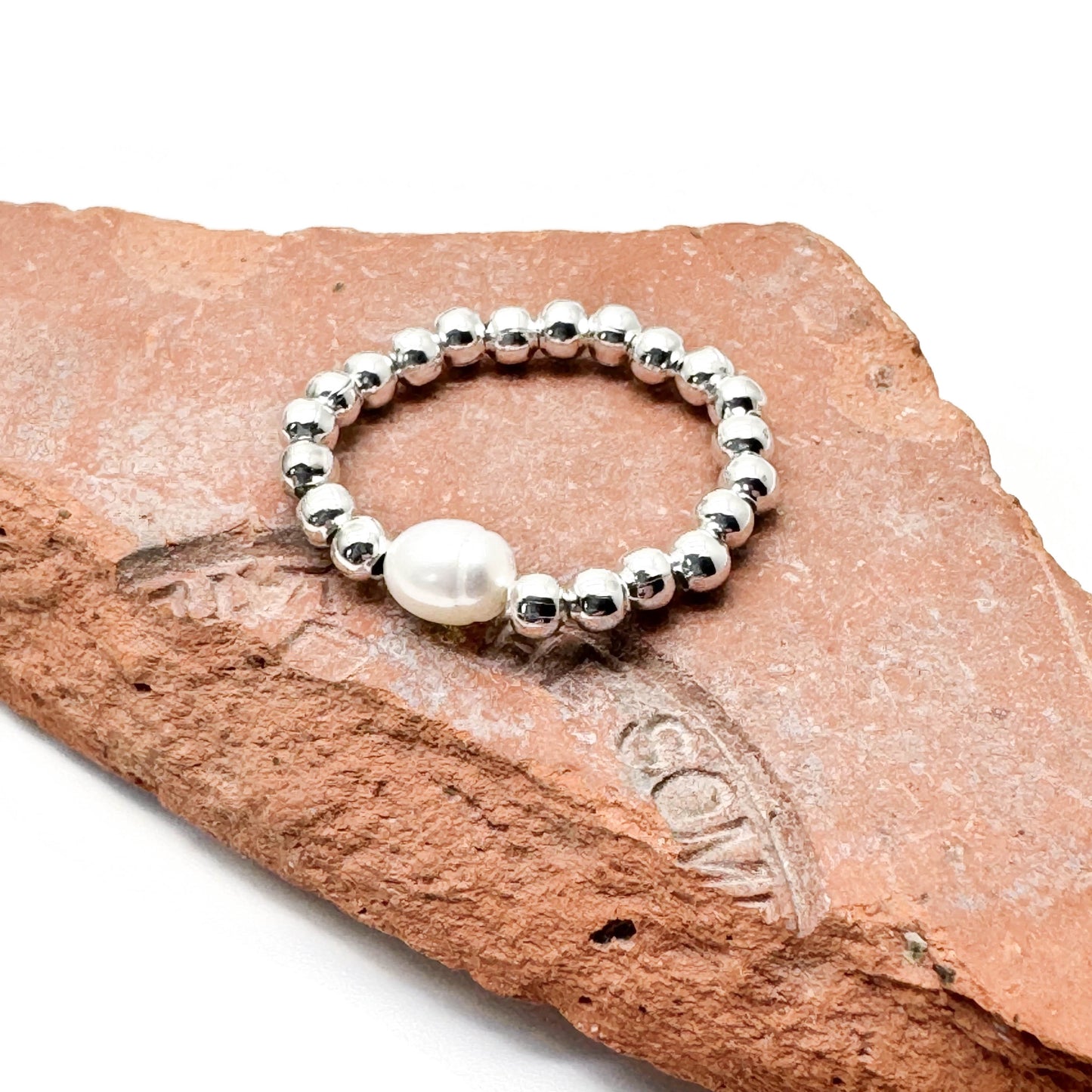 White Pearl Stretch Ring with Silver Plated Beads
