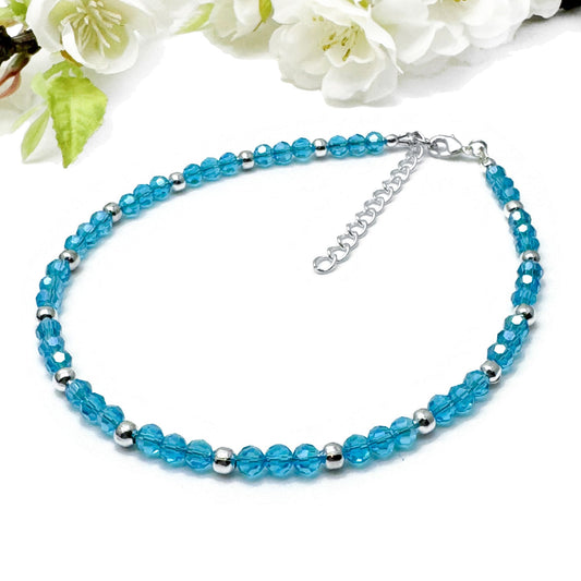 Plus Size Anklet with Faceted Bright Blue Glass Beads, Adjustable