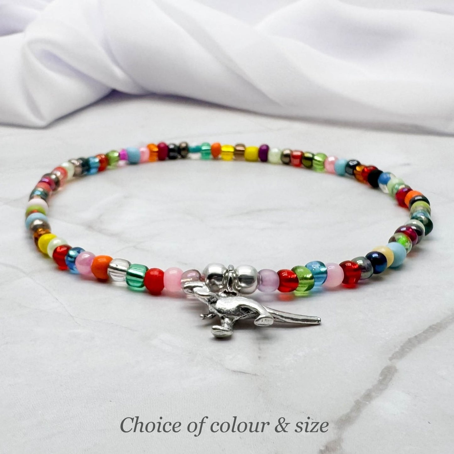 Dinosaur Charm Seed Bead Anklet - Colour Choice