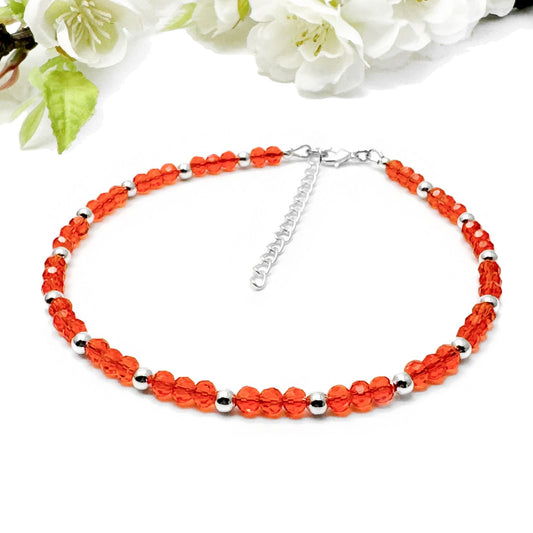 Plus Size Anklet with Faceted Bright Orange Glass Beads, Adjustable
