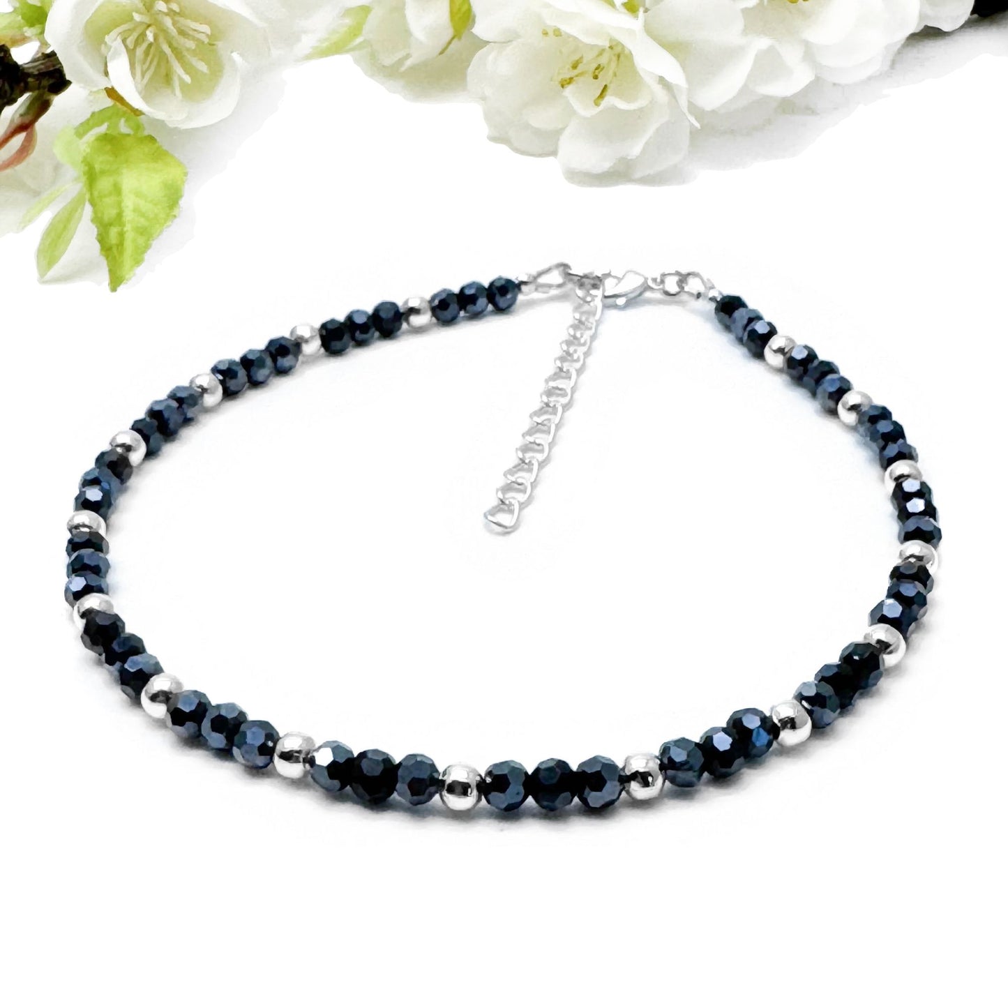 Plus Size Anklet with Faceted Midnight Blue Glass Beads, Adjustable