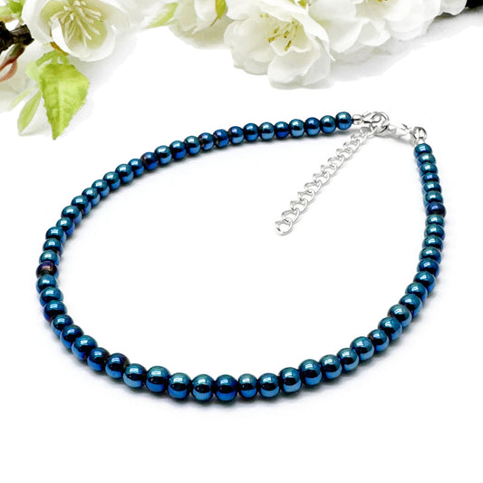 Plus Size Anklet with 4mm AB Dark Blue Glass Beads, Adjustable