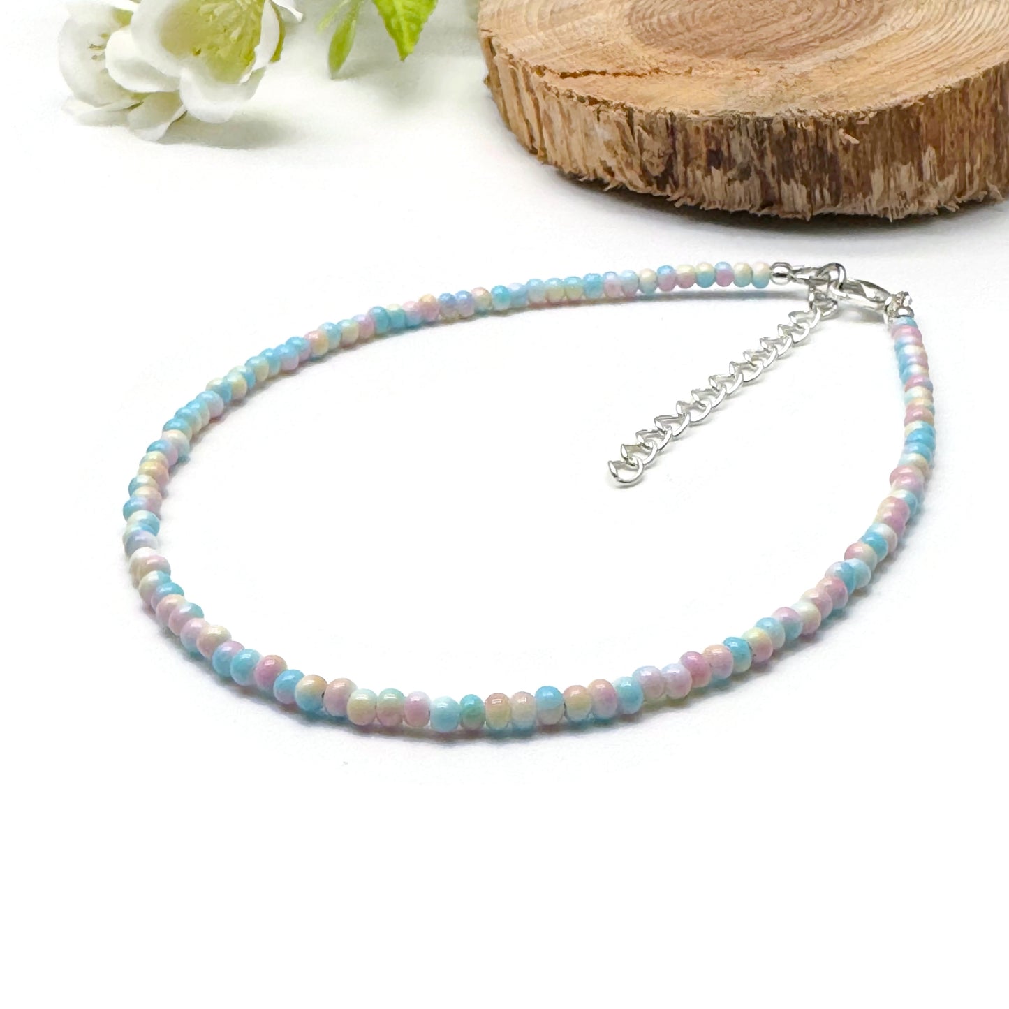Plus Size Anklet with 3mm Pale Pastel Beads, Adjustable