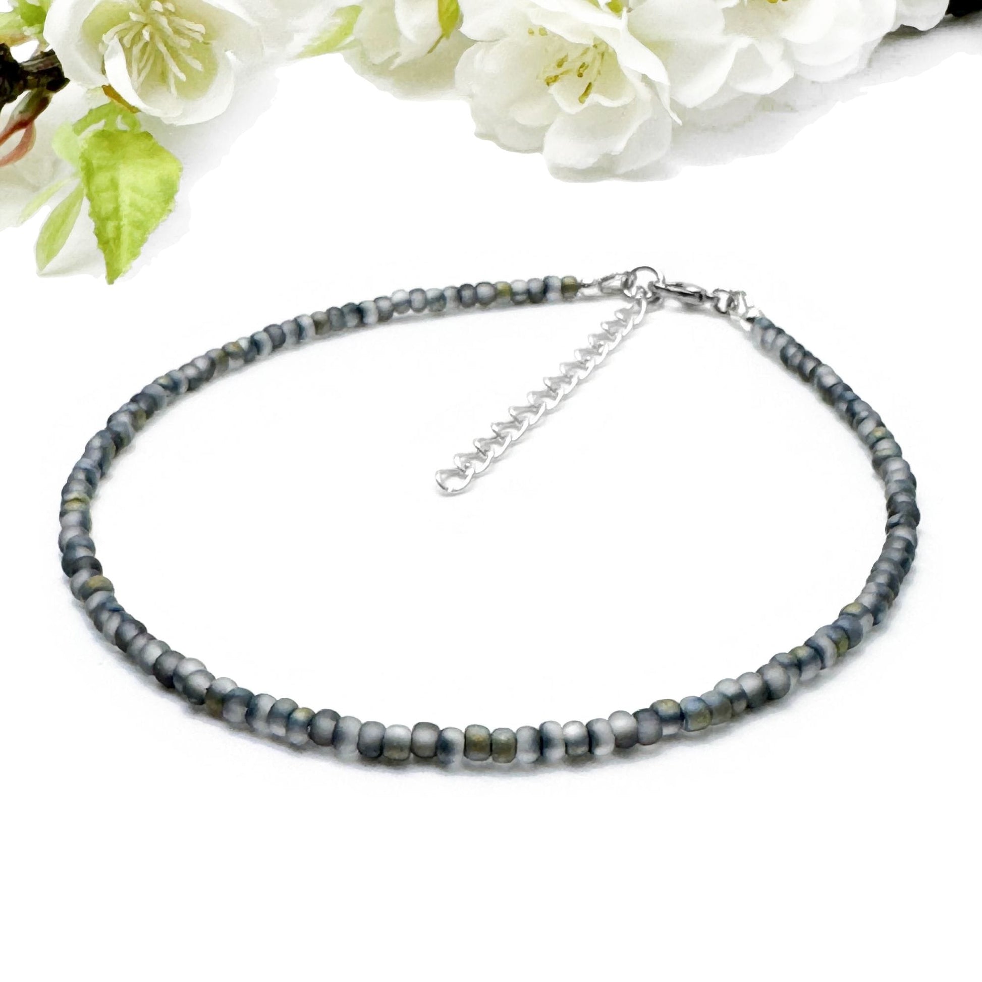Plus Size Anklet with 3mm Frosted Grey Beads, Adjustable Length