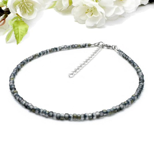 Plus Size Anklet with 3mm Frosted Grey Beads, Adjustable Length