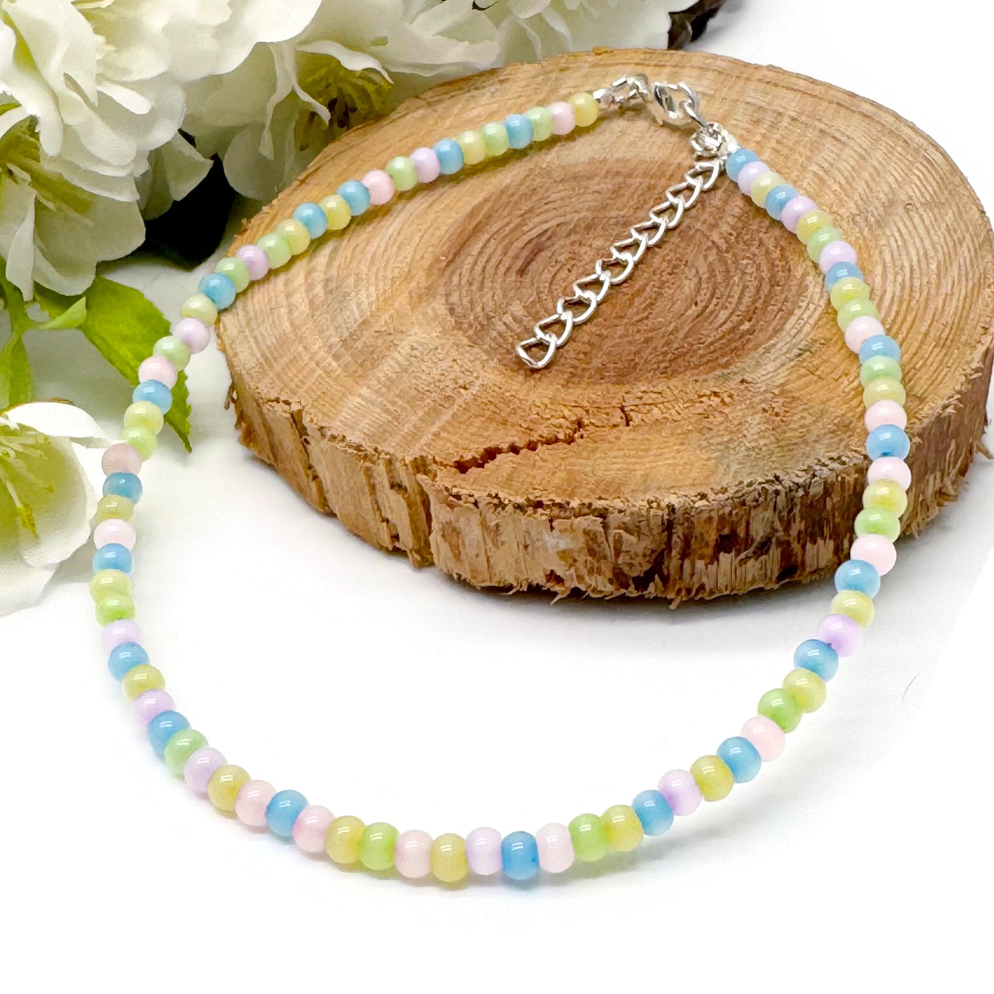 Plus Size Anklet with Pale Pastel Glass Seed Beads, Adjustable