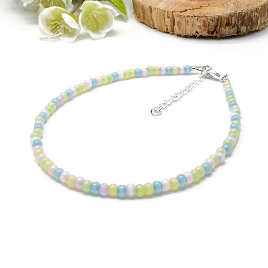 Plus Size Anklet with Pale Pastel Glass Seed Beads, Adjustable