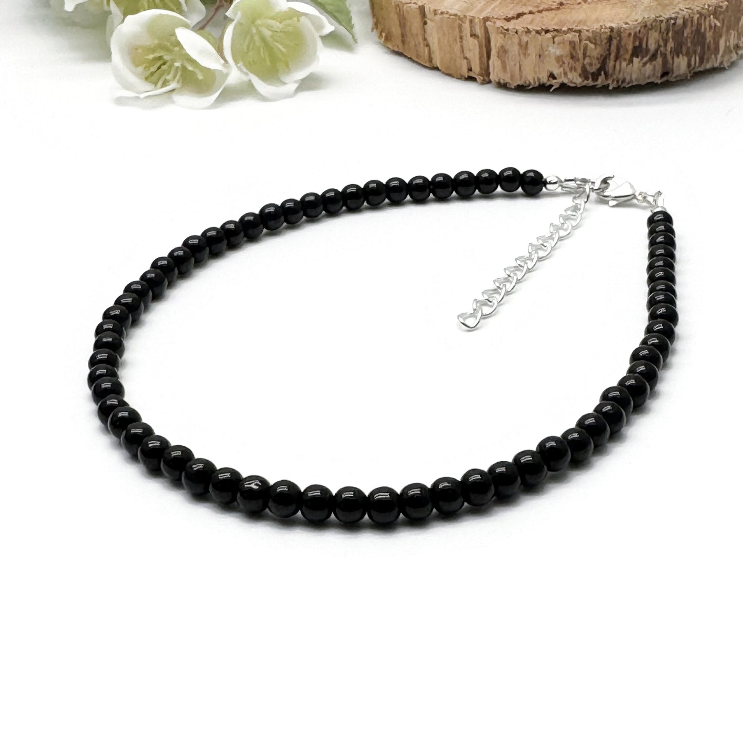 Plus Size Anklet with 4mm Black Glass Beads, Adjustable