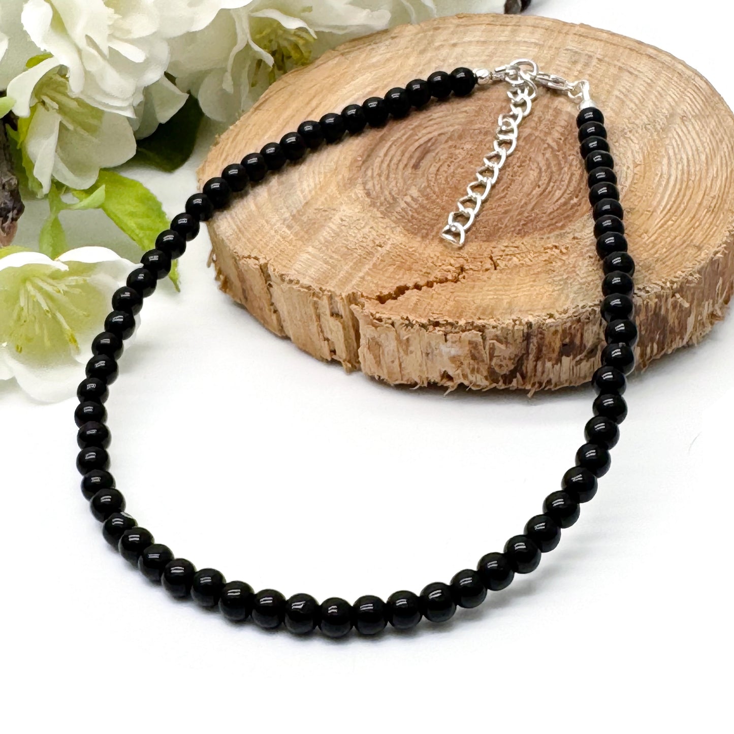 Plus Size Anklet with 4mm Black Glass Beads, Adjustable