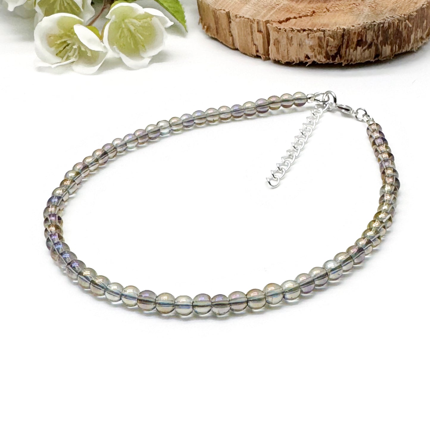 Plus Size Anklet with 4mm AB Taupe Brown Glass Beads, Adjustable