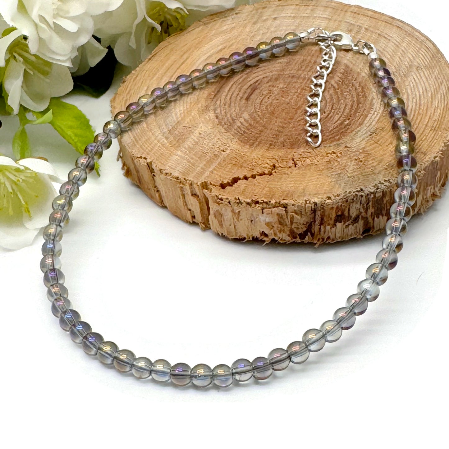 Plus Size Anklet with 4mm AB Taupe Brown Glass Beads, Adjustable