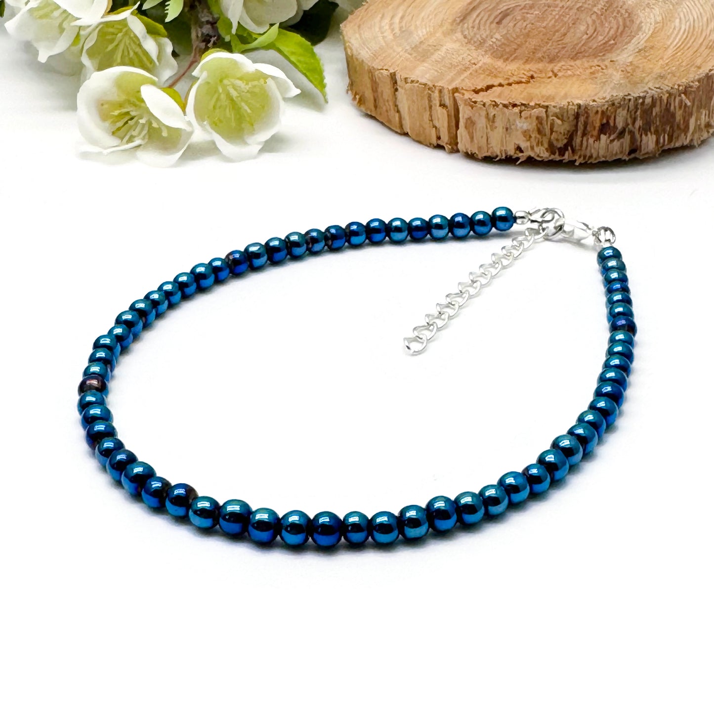 Plus Size Anklet with 4mm AB Dark Blue Glass Beads, Adjustable