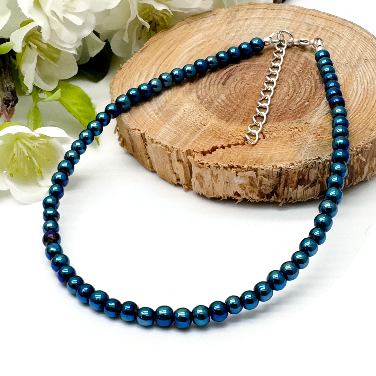 Plus Size Anklet with 4mm AB Dark Blue Glass Beads, Adjustable