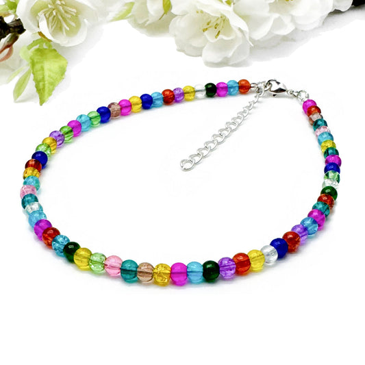 Plus Size Anklet with Multi-Colour Crackle Glass Beads, Adjustable