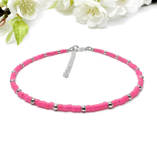 Plus Size Anklet with Hot Pink Toho 3mm Glass Seed Beads, Adjustable