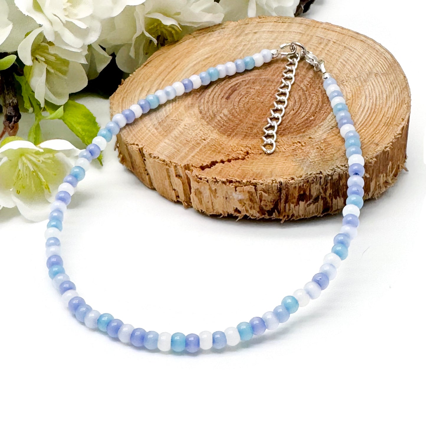 Plus Size Anklet with Pale Blue Glass Seed Beads, Adjustable