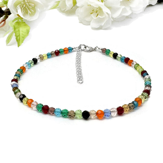 Plus Size Anklet with Multi-Colour Faceted Glass Beads, Adjustable