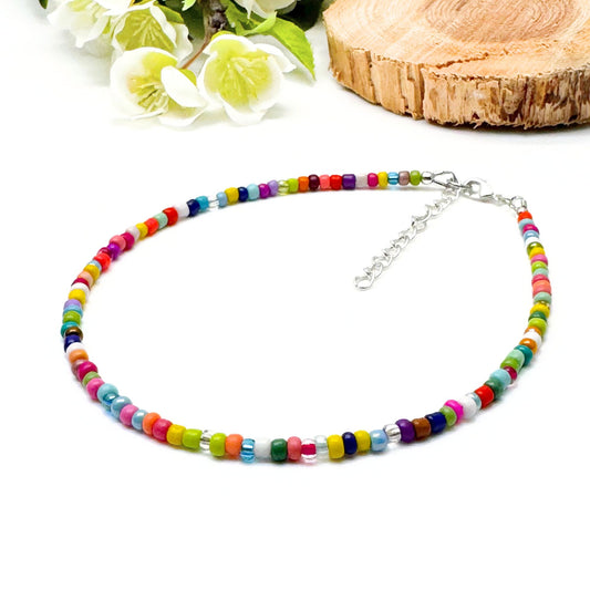 Plus Size Anklet with 3mm Bright Colour Mix Beads, Adjustable