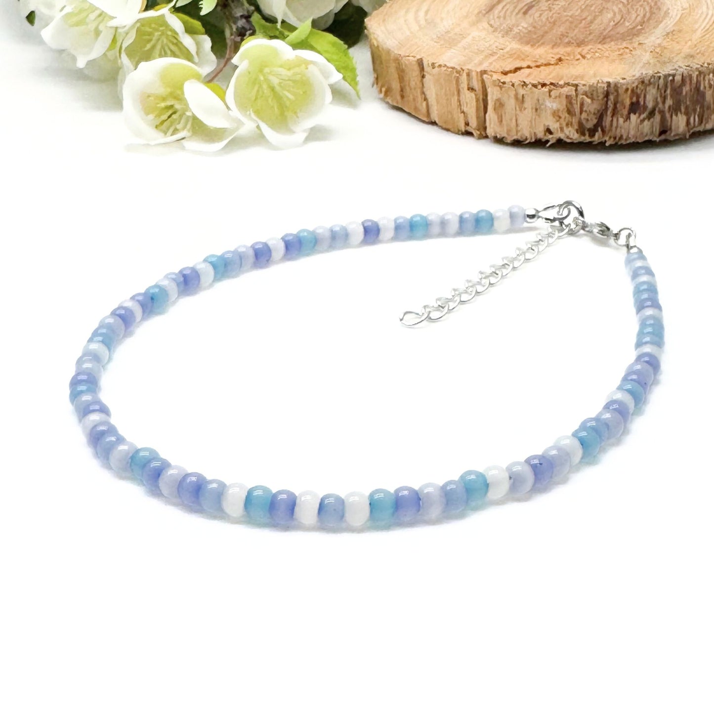 Plus Size Anklet with Pale Blue Glass Seed Beads, Adjustable