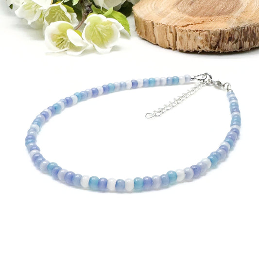 Plus Size Anklet with Pale Blue Glass Seed Beads, Adjustable