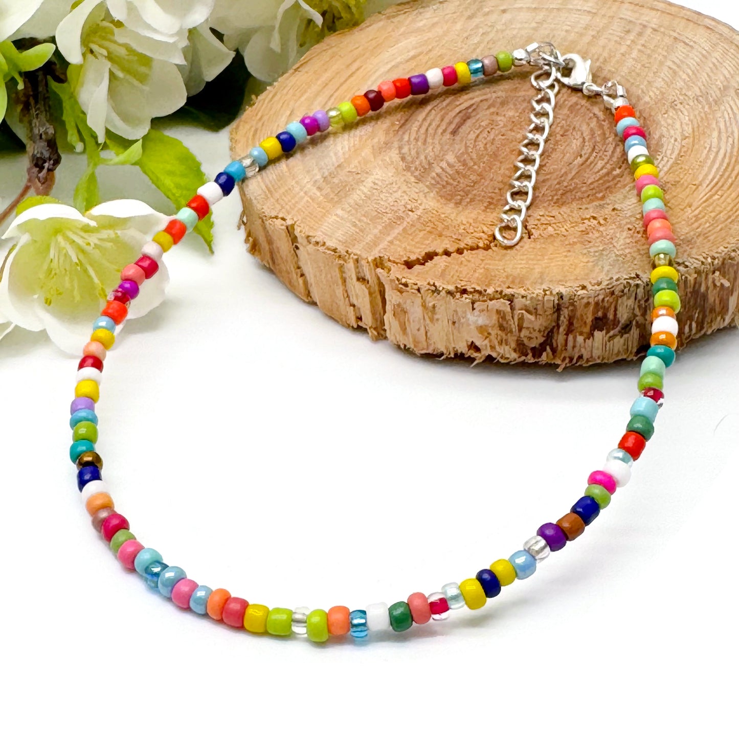 Plus Size Anklet with 3mm Bright Colour Mix Beads, Adjustable