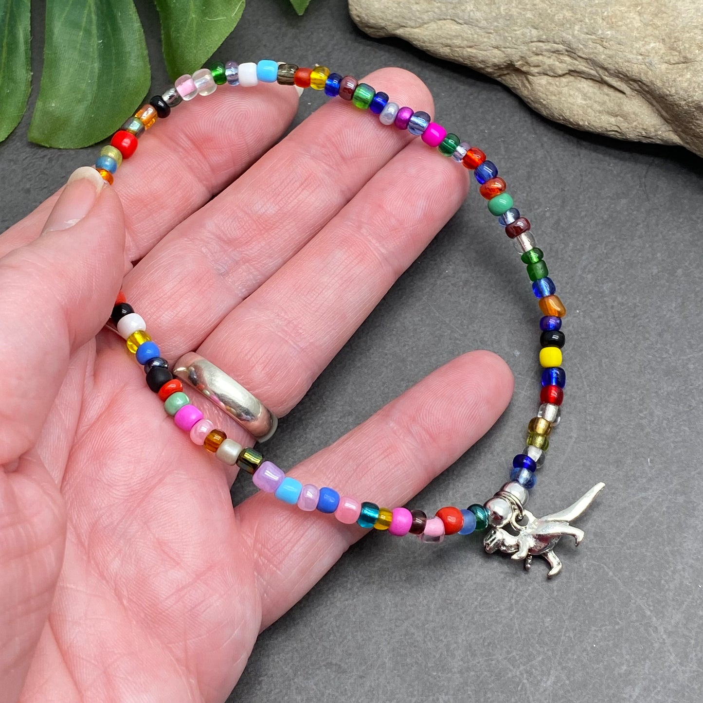 Dinosaur Charm Seed Bead Anklet - Colour Choice