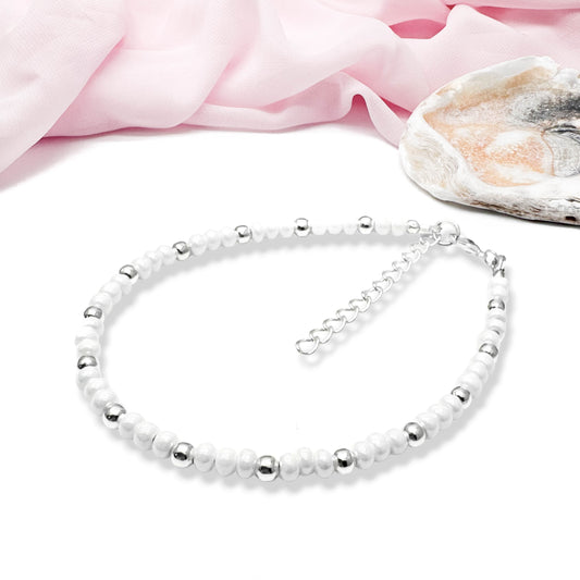 White Glass Bead Anklet with Silver Plated Beads, 9-11 inches Adjustable