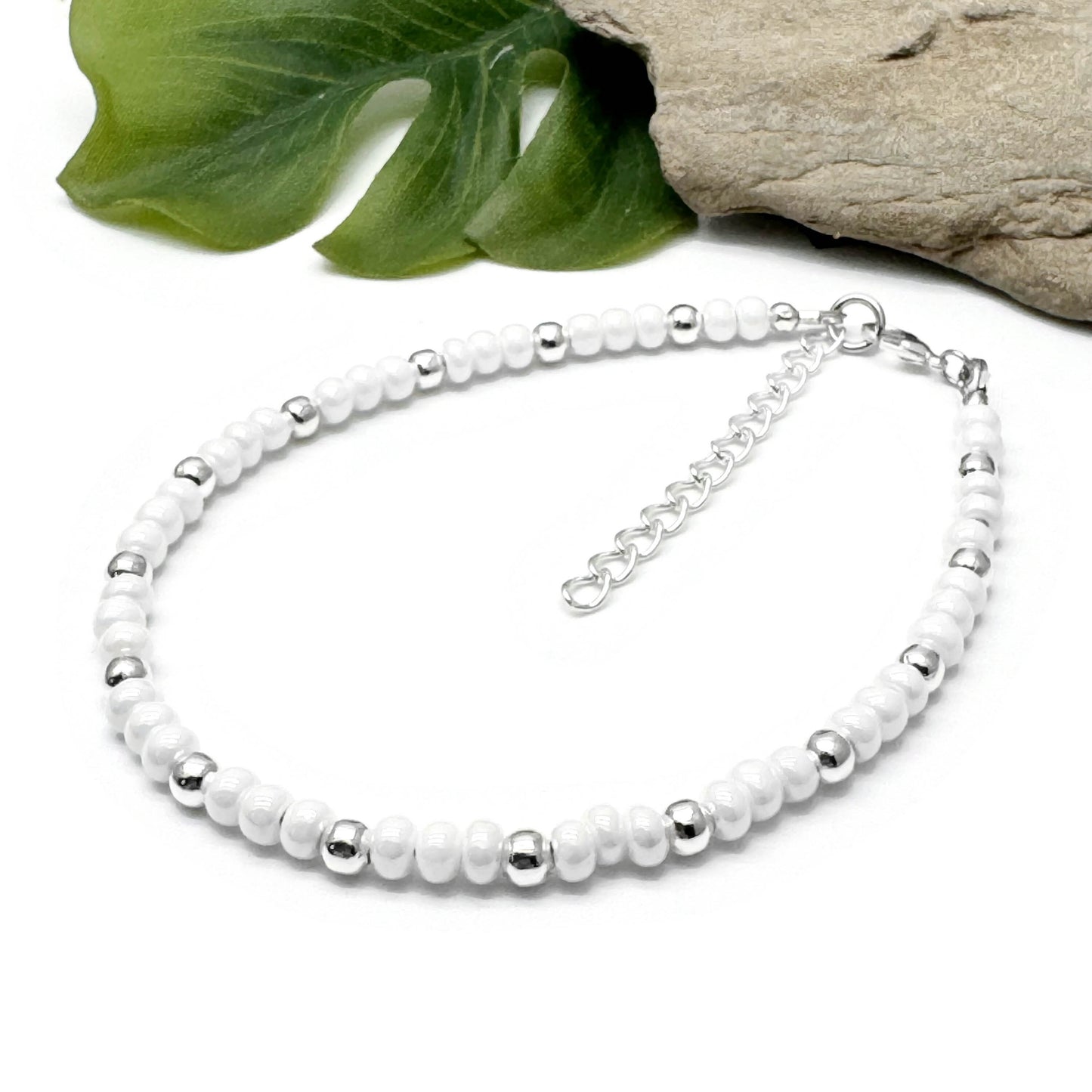 White Glass Bead Anklet with Silver Plated Beads, 9-11 inches Adjustable