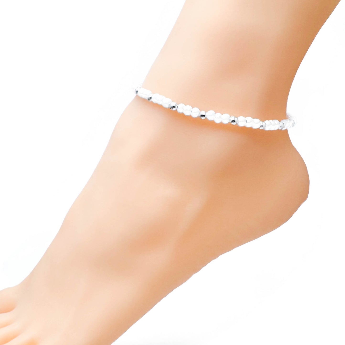 White Glass Bead Anklet with Silver Plated Beads, 9-11 inches Adjustable