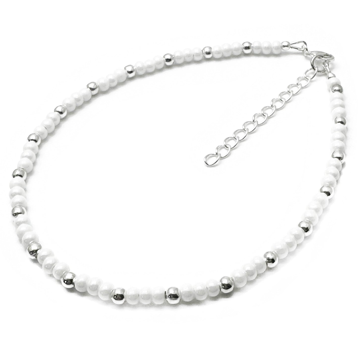 Plus Size White Glass Bead Anklet with Silver Plated Beads