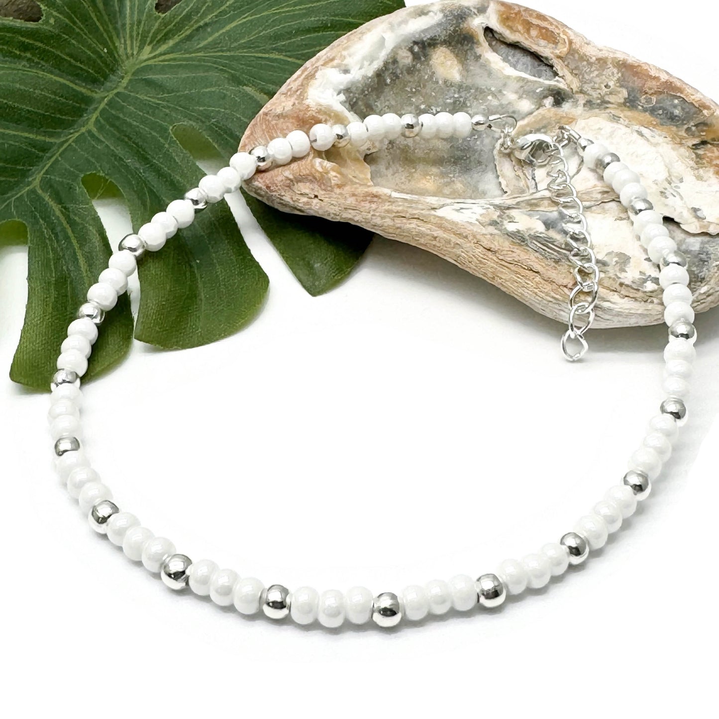 Plus Size White Glass Bead Anklet with Silver Plated Beads
