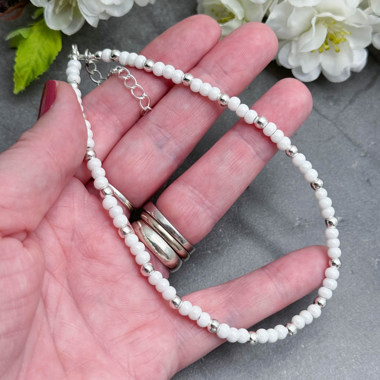 Plus Size White Glass Bead Anklet with Silver Plated Beads