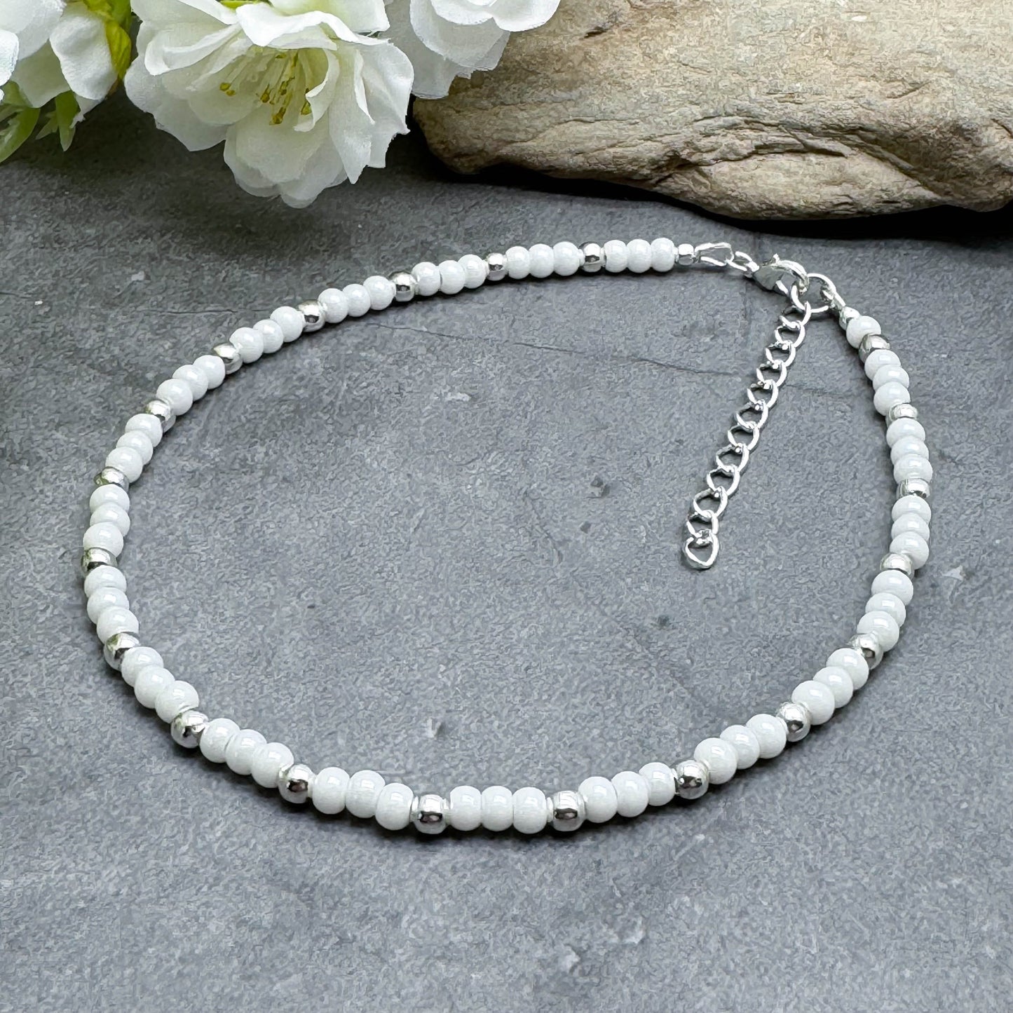 Plus Size White Glass Bead Anklet with Silver Plated Beads