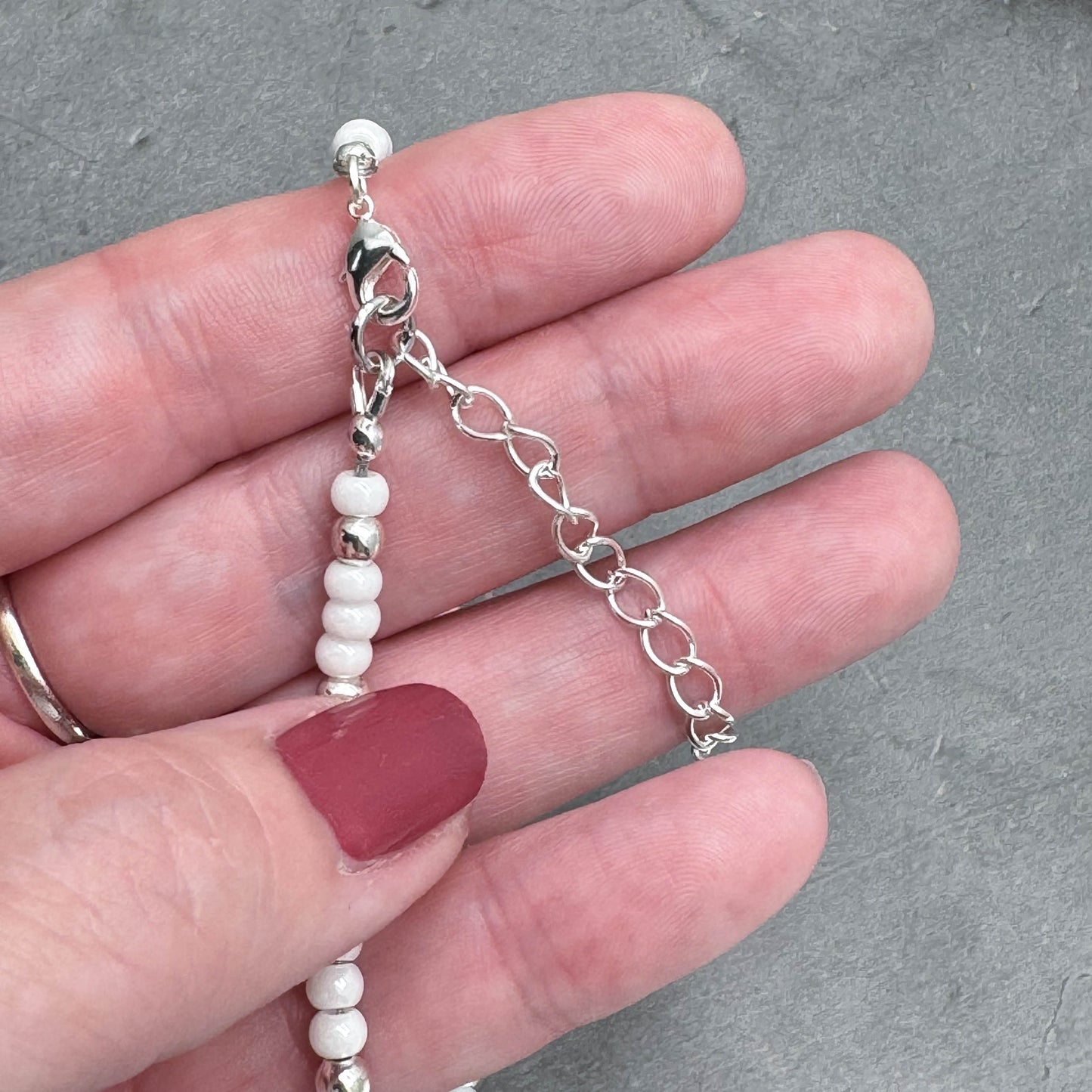 Plus Size White Glass Bead Anklet with Silver Plated Beads