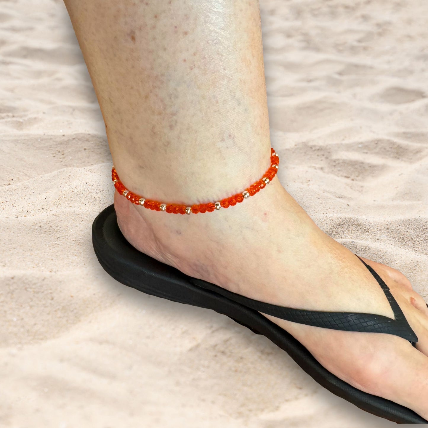 Plus Size Anklet with Faceted Bright Orange Glass Beads, Adjustable