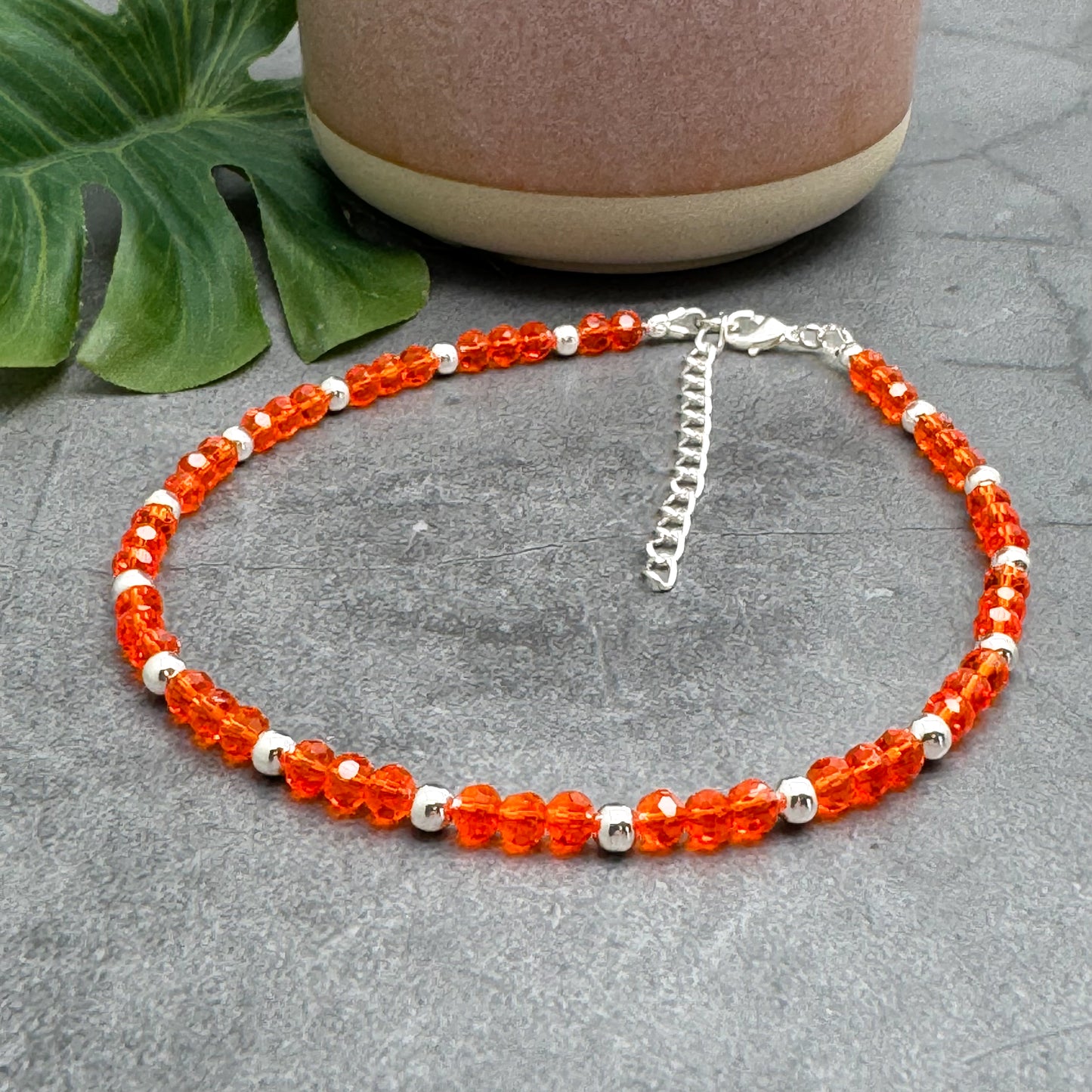 Plus Size Anklet with Faceted Bright Orange Glass Beads, Adjustable