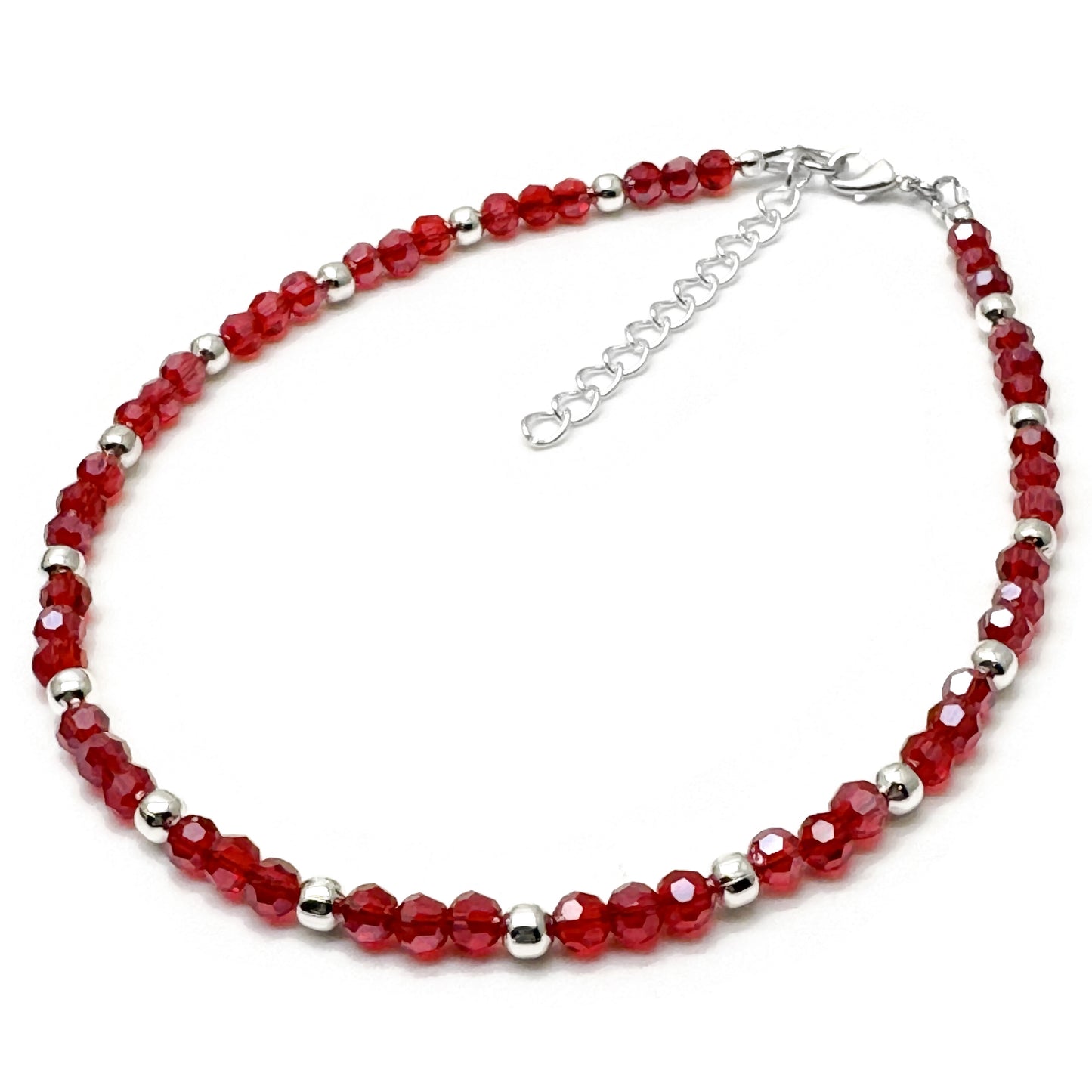 Plus Size Anklet with Faceted Bright Red Glass Beads, Adjustable