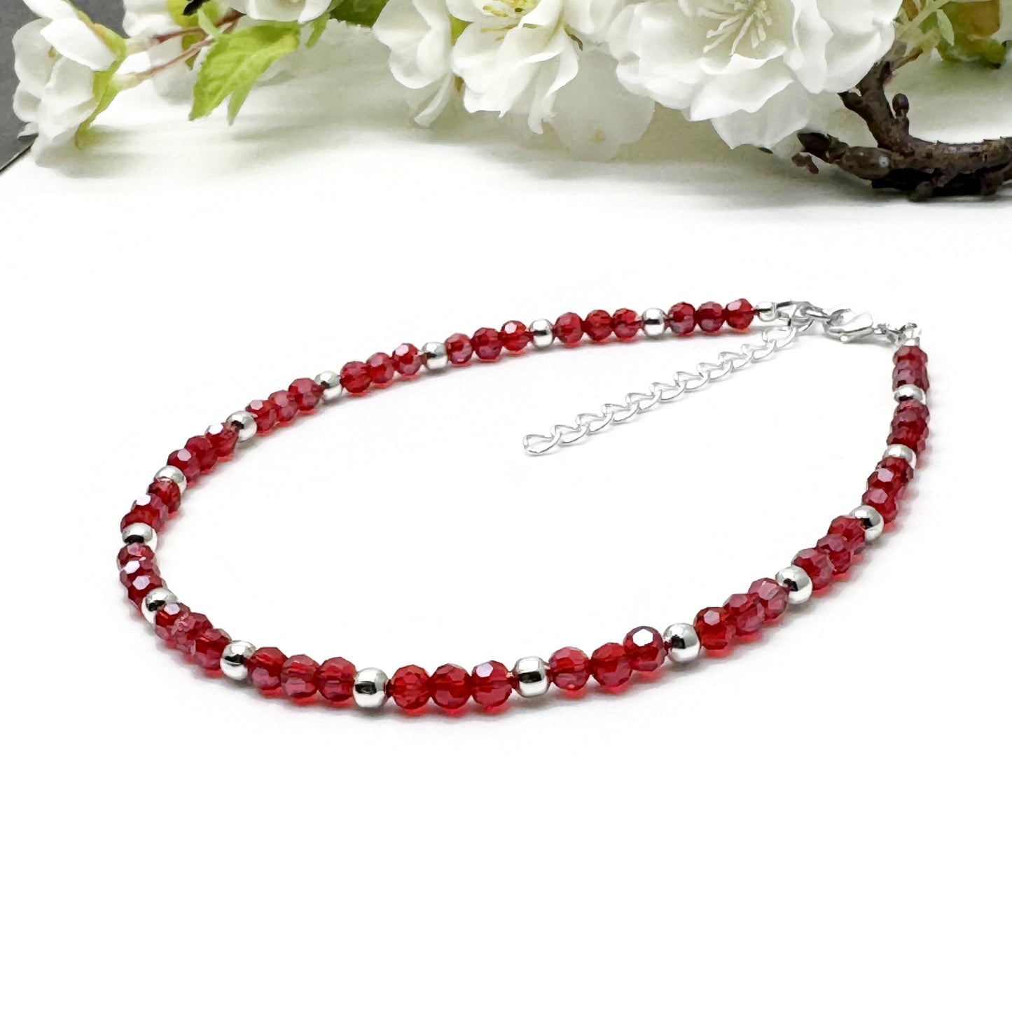 Plus Size Anklet with Faceted Bright Red Glass Beads, Adjustable