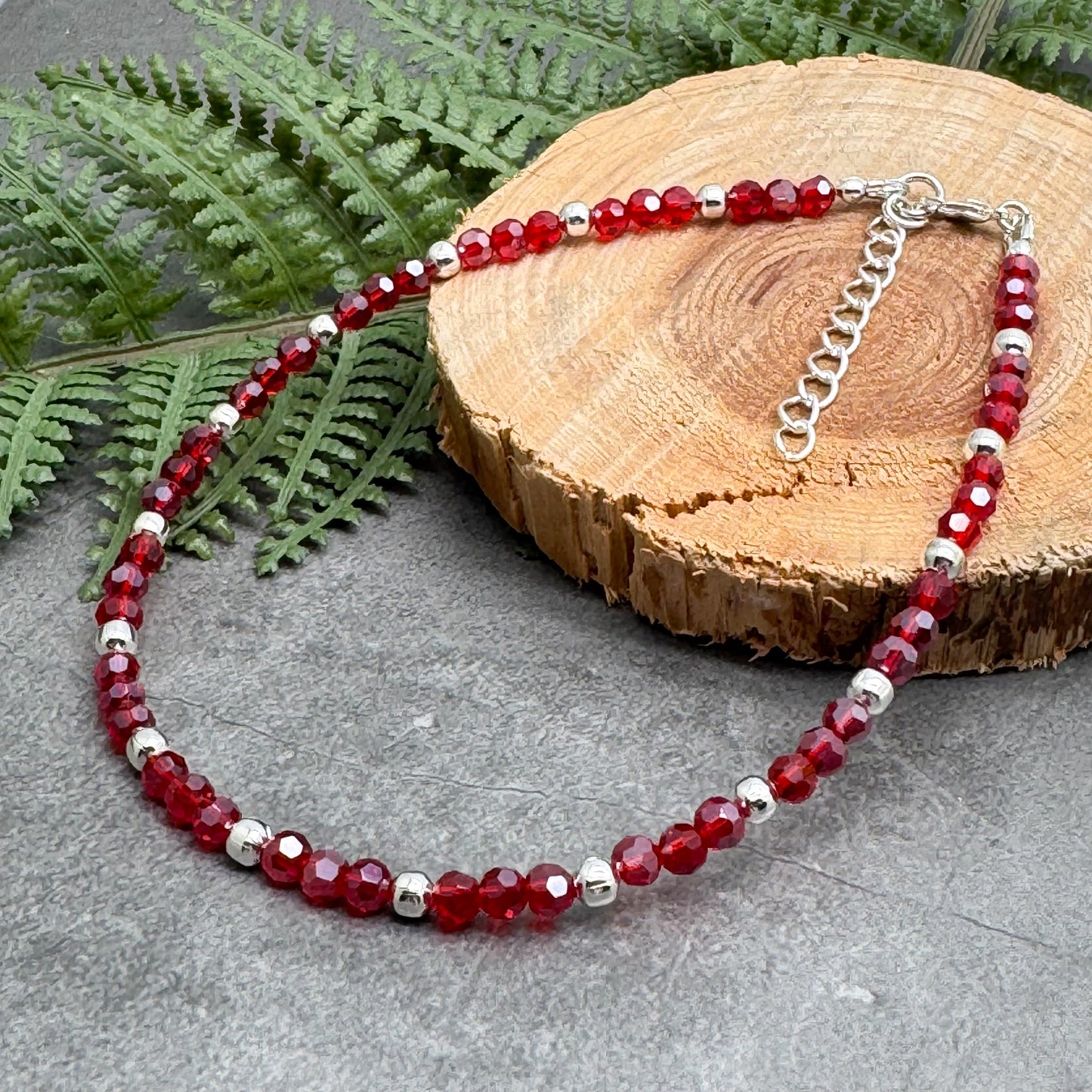 Plus Size Anklet with Faceted Bright Red Glass Beads, Adjustable