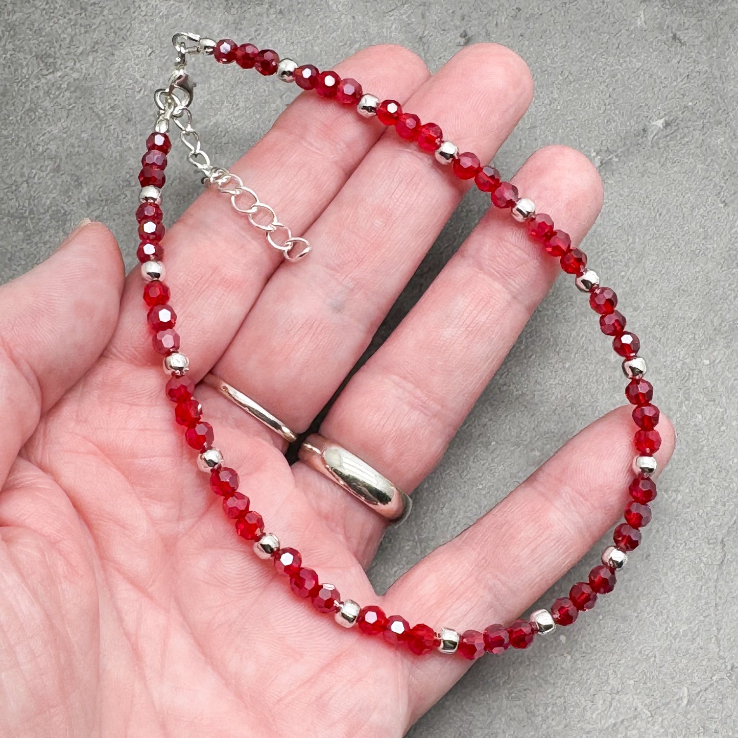 Plus Size Anklet with Faceted Bright Red Glass Beads, Adjustable