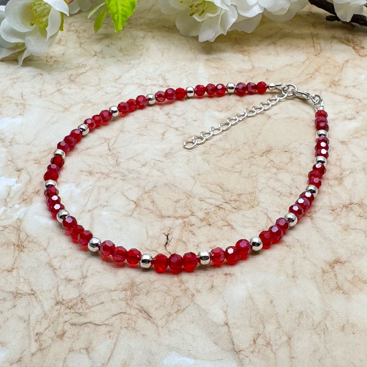 Plus Size Anklet with Faceted Bright Red Glass Beads, Adjustable