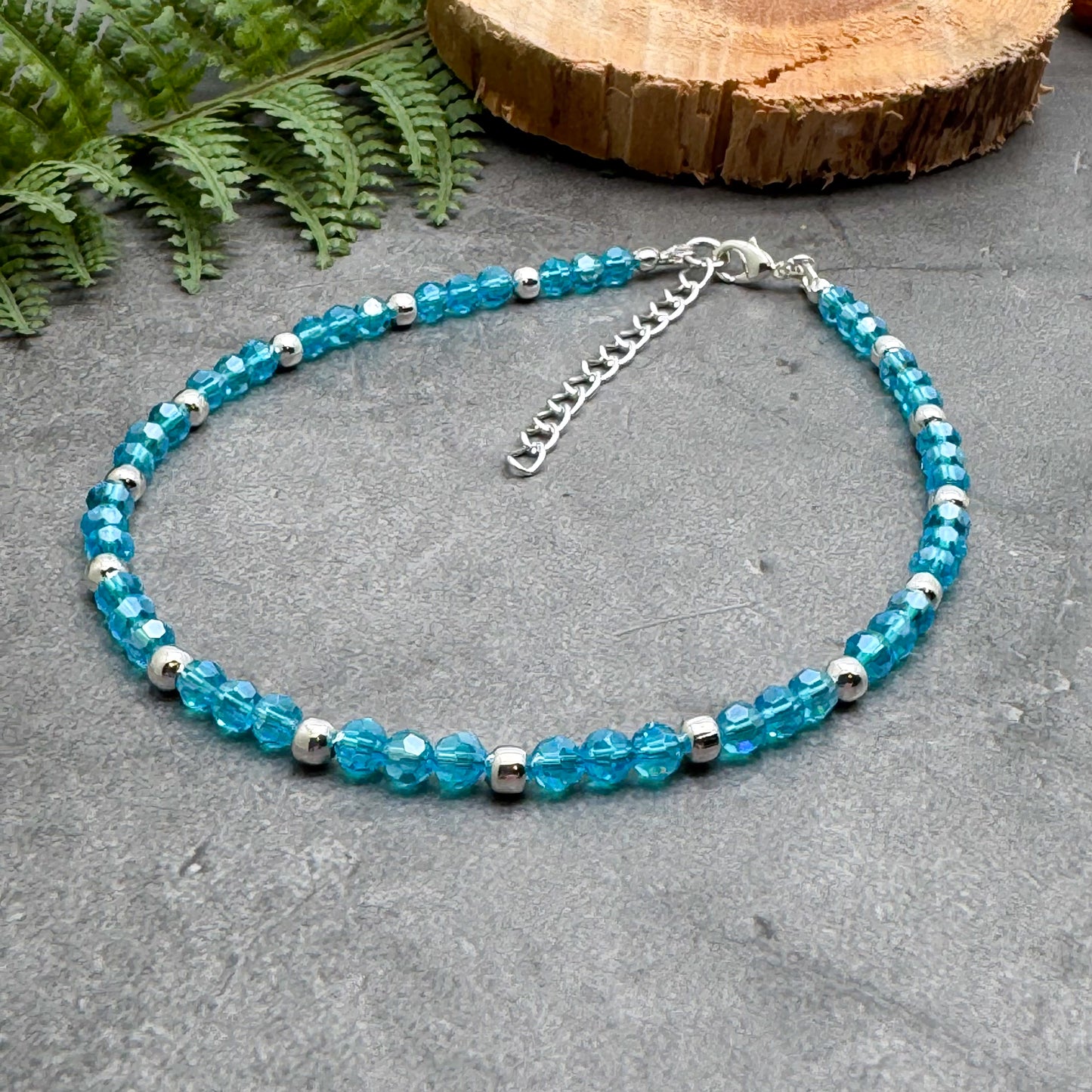 Plus Size Anklet with Faceted Bright Blue Glass Beads, Adjustable