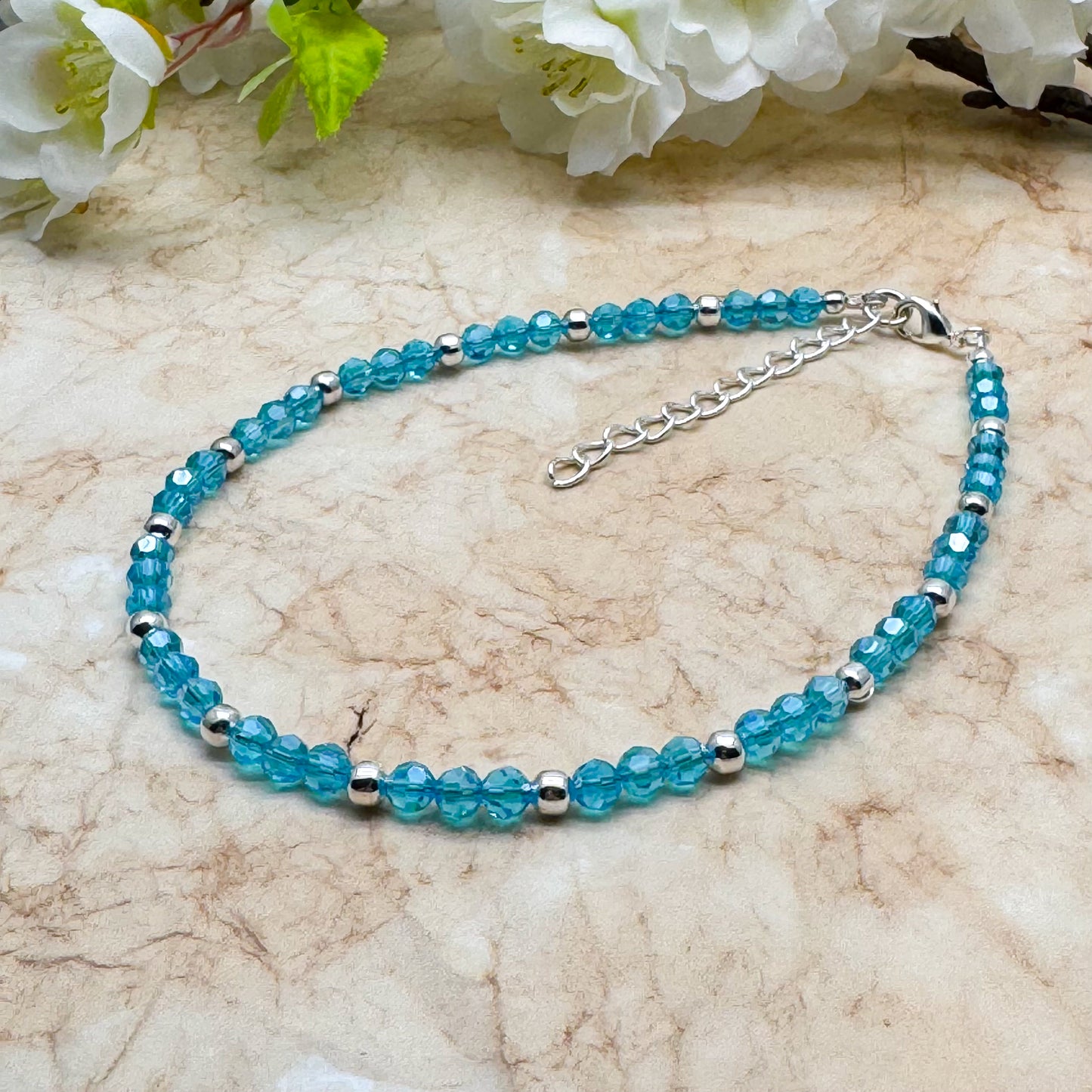 Plus Size Anklet with Faceted Bright Blue Glass Beads, Adjustable