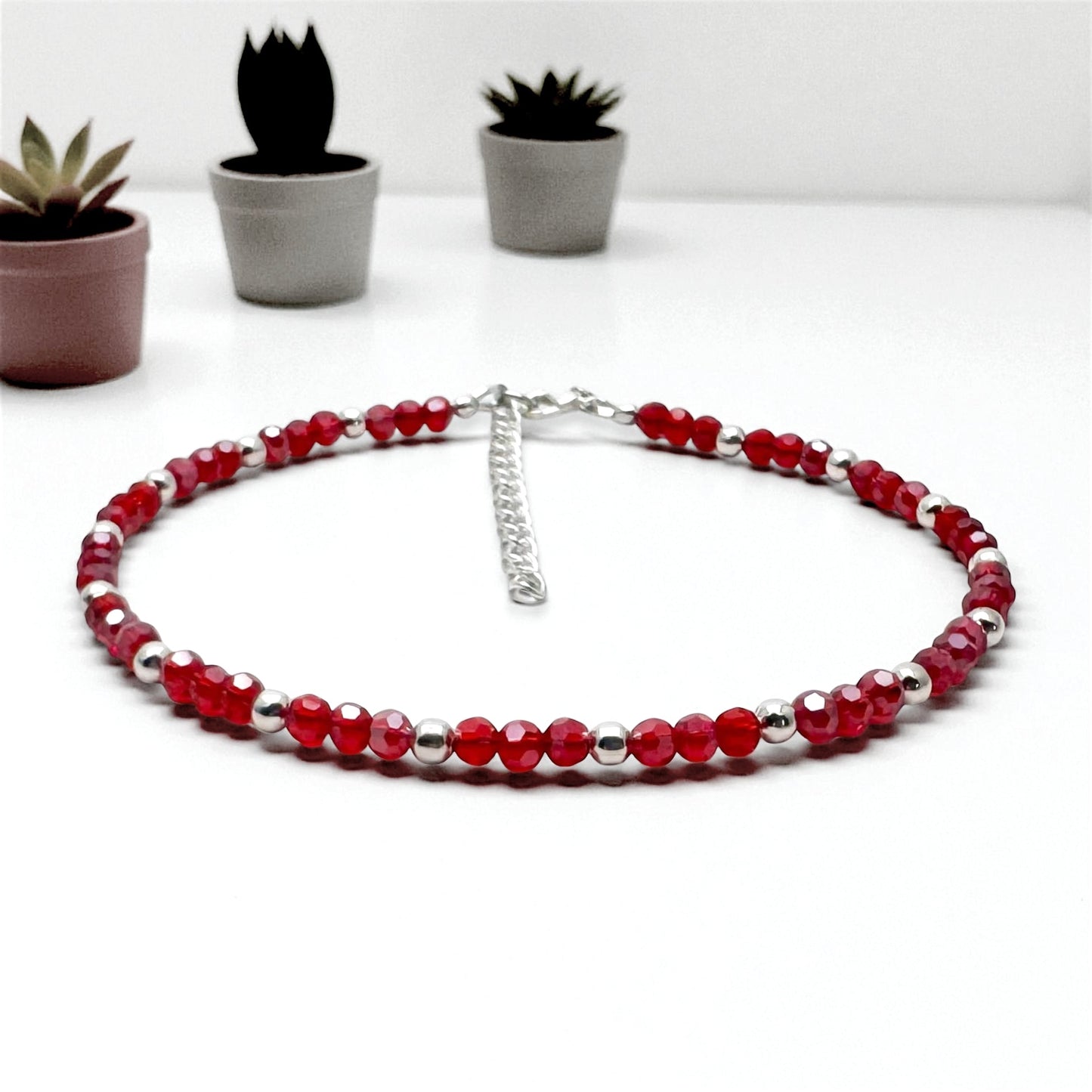 Plus Size Anklet with Faceted Bright Red Glass Beads, Adjustable
